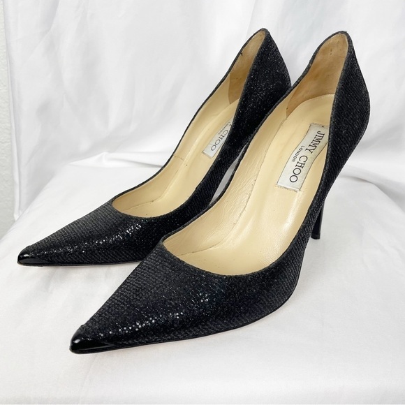 Jimmy Choo Abel Glitter Stiletto Pointed Toe Heels Black Sparkly Cocktail Party - Picture 6 of 7